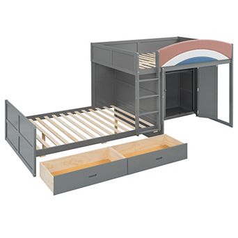 Merax Full Size Offset Bunk Bed with Wardrobe & Drawers, Upholstered Guardrail