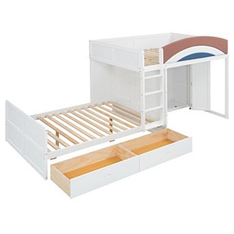Merax Full Size Offset Bunk Bed with Wardrobe & Drawers, Upholstered Guardrail