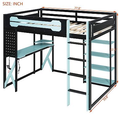 Merax Full Size Wood Loft Bed with Desk, Shelves, Power Outlet & USB/Type-C Ports
