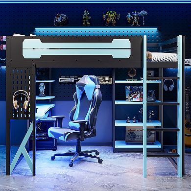 Merax Full Size Wood Loft Bed with Desk, Shelves, Power Outlet & USB/Type-C Ports