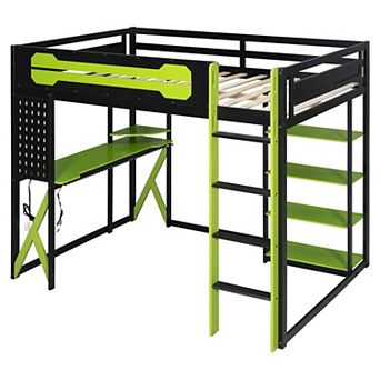 Merax Full Size Wood Loft Bed with Desk, Shelves, Power Outlet & USB/Type-C Ports