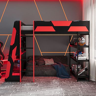 Merax Full Size Gaming Loft Bed with Desk, Shelves & LED Lights
