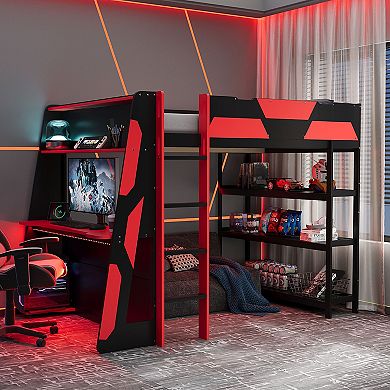 Merax Full Size Gaming Loft Bed with Desk, Shelves & LED Lights