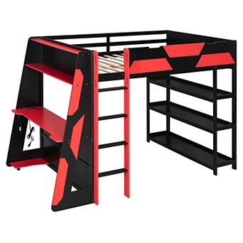 Merax Full Size Gaming Loft Bed with Desk, Shelves & LED Lights