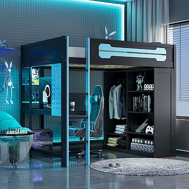 Merax Full Size Wood Loft Bed with Desk, Open Wardrobe and RGB Light