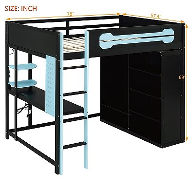 Merax Full Size Wood Loft Bed with Desk, Open Wardrobe and RGB Light