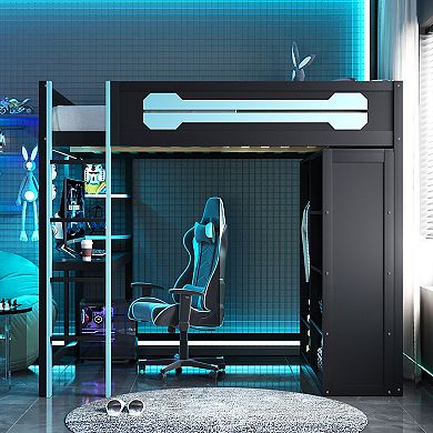 Merax Full Size Wood Loft Bed with Desk, Open Wardrobe and RGB Light