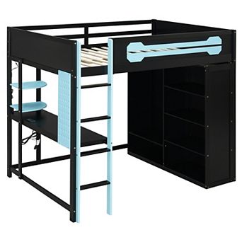 Merax Full Size Wood Loft Bed with Desk, Open Wardrobe and RGB Light