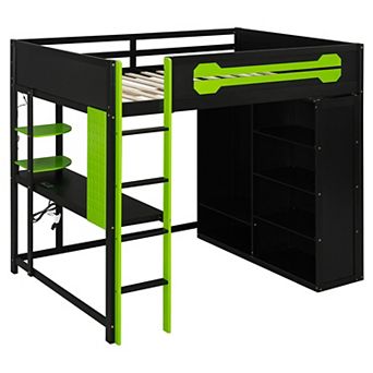 Merax Full Size Wood Loft Bed with Desk, Open Wardrobe and RGB Light