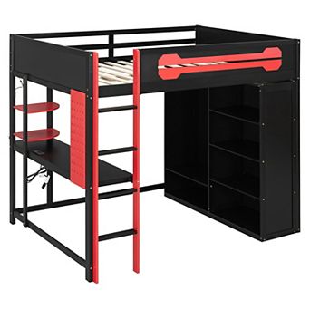 Merax Full Size Wood Loft Bed with Desk, Open Wardrobe and RGB Light