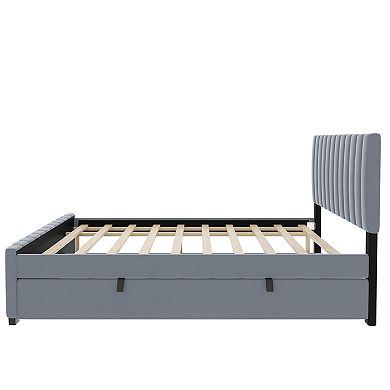 Merax Full Size Velvet Upholstered Platform Bed with Twin Size Trundle