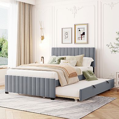 Merax Full Size Velvet Upholstered Platform Bed with Twin Size Trundle