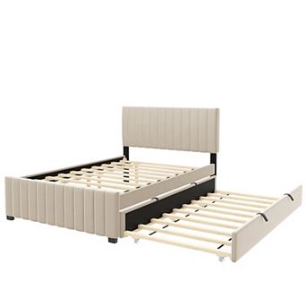 Merax Full Size Velvet Upholstered Platform Bed with Twin Size Trundle