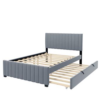 Merax Full Size Velvet Upholstered Platform Bed with Twin Size Trundle