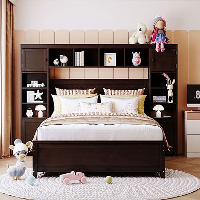 Merax Full Size Wooden Bed With All-in-One Cabinet and Shelf