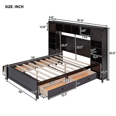 Merax Full Size Wooden Bed With All-in-One Cabinet and Shelf