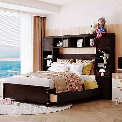Merax Full Size Wooden Bed With All-in-One Cabinet and Shelf