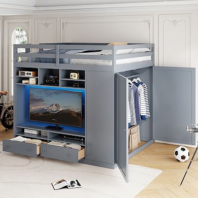 Merax Full size Loft Bed with Drawers, Shelves and Light