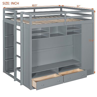 Merax Full size Loft Bed with Drawers, Shelves and Light