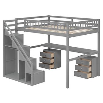 Merax Full Size Loft Bed with Two Chest of Drawers, Desk and Light Strip
