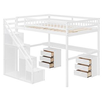 Merax Full Size Loft Bed with Two Chest of Drawers, Desk and Light Strip