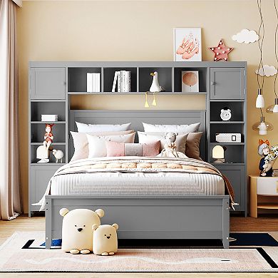 Merax Full Size Wooden Bed With All-in-One Cabinet and Shelf