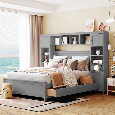 Merax Full Size Wooden Bed With All-in-One Cabinet and Shelf