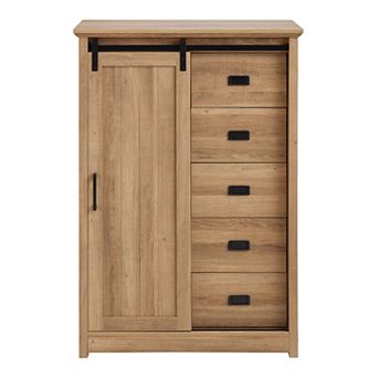 Merax Farmhouse 5-Drawer Dresser with Sliding Barn Door & Adjustable Shelves, Rustic Storage Cabinet