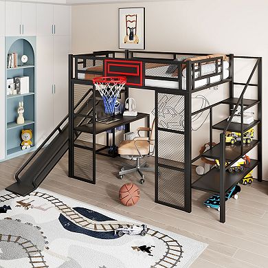 Merax Full Size Metal Loft bed with Built-in Desk, Open Wardrobe, Basketball hoop