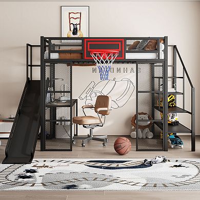 Merax Full Size Metal Loft bed with Built-in Desk, Open Wardrobe, Basketball hoop