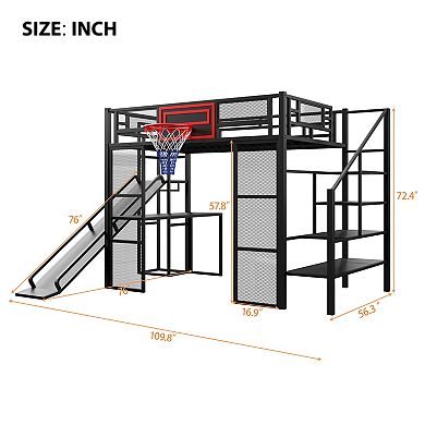 Merax Full Size Metal Loft bed with Built-in Desk, Open Wardrobe, Basketball hoop