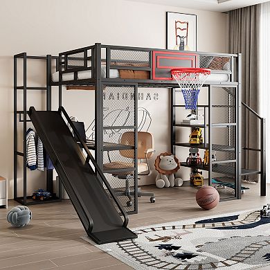 Merax Full Size Metal Loft bed with Built-in Desk, Open Wardrobe, Basketball hoop