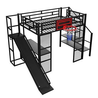 Merax Full Size Metal Loft bed with Built-in Desk, Open Wardrobe, Basketball hoop