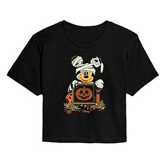 Juniors' Disney's Mickey Mouse Mummy Halloween Cropped Tee