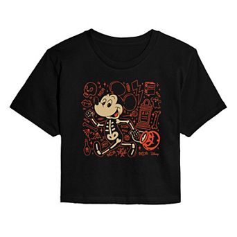 Juniors' Disney's Mickey Mouse Skeleton Cropped Tee