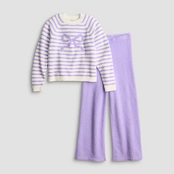 Girls 7-16 Mini Society 2 pc Striped Teddy Sweater & Wide Leg Pants Lounge Set