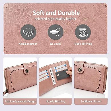 ZUQIETA RFID Blocking Leather Wallet Large Card Holder & Phone Clutch Wristlet