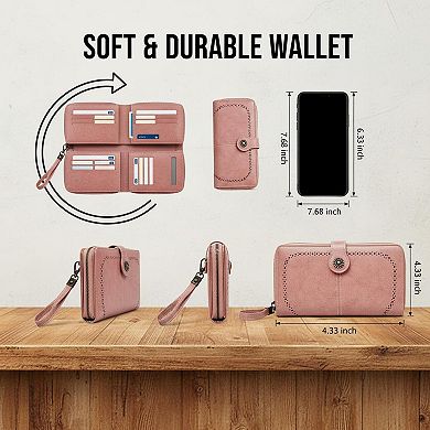 ZUQIETA RFID Blocking Leather Wallet Large Card Holder & Phone Clutch Wristlet