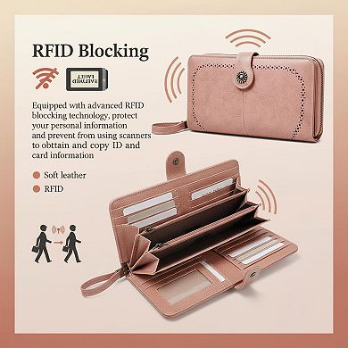 ZUQIETA RFID Blocking Leather Wallet Large Card Holder & Phone Clutch Wristlet