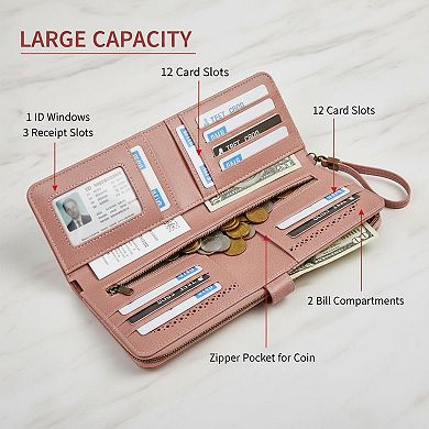 ZUQIETA RFID Blocking Leather Wallet Large Card Holder & Phone Clutch Wristlet
