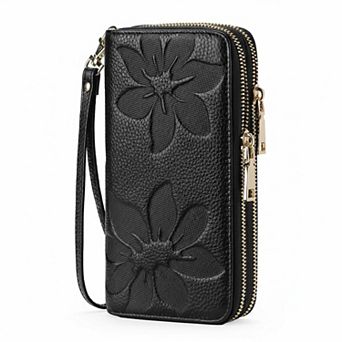 ZUQIETA Women's Large Capacity Double Zip Leather Wallet RFID Blocking Wristlet Card Phone Holder
