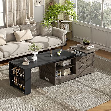 Merax Farmhouse Lift Top Coffee Table with Barn Doors Wood Rectangular Storage Center Table