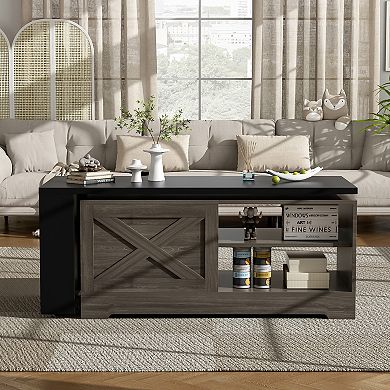 Merax Farmhouse Lift Top Coffee Table with Barn Doors Wood Rectangular Storage Center Table