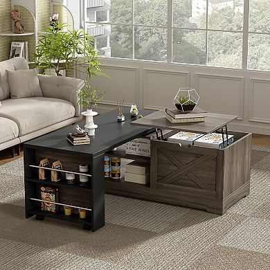 Merax Farmhouse Lift Top Coffee Table with Barn Doors Wood Rectangular Storage Center Table