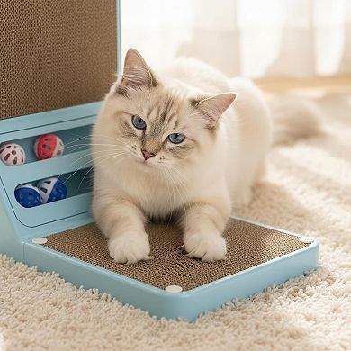 Nicate 2-in-1 L Shaped Cat Scratcher Cardboard Box: Rolling Balls, Wall Bed, Space Saving