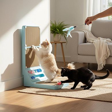 Nicate 2-in-1 L Shaped Cat Scratcher Cardboard Box: Rolling Balls, Wall Bed, Space Saving