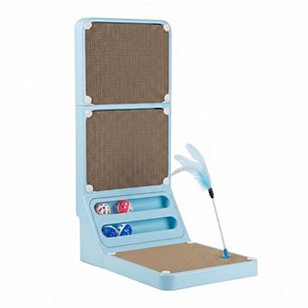 Nicate 2-in-1 L Shaped Cat Scratcher Cardboard Box: Rolling Balls, Wall Bed, Space Saving