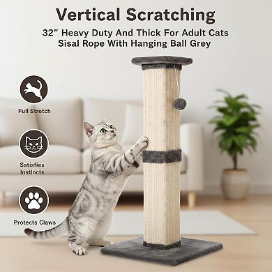Nicate 32'' Heavy Duty Sisal Cat Scratcher with Hanging Ball Durable Stable Space-Saving