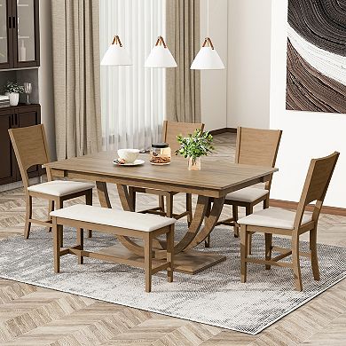 Merax 6-Piece Wood Half Round Dining Table Set with Long Bench and 4 Chairs Modern Style