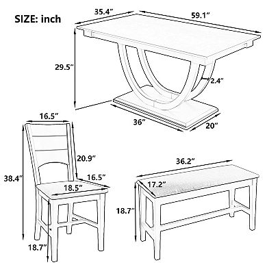 Merax 6-Piece Wood Half Round Dining Table Set with Long Bench and 4 Chairs Modern Style